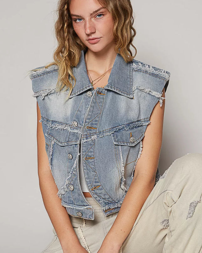 POL Assymetrical Front Closure Raw Hem Denim Vest - Sleekdenim.com