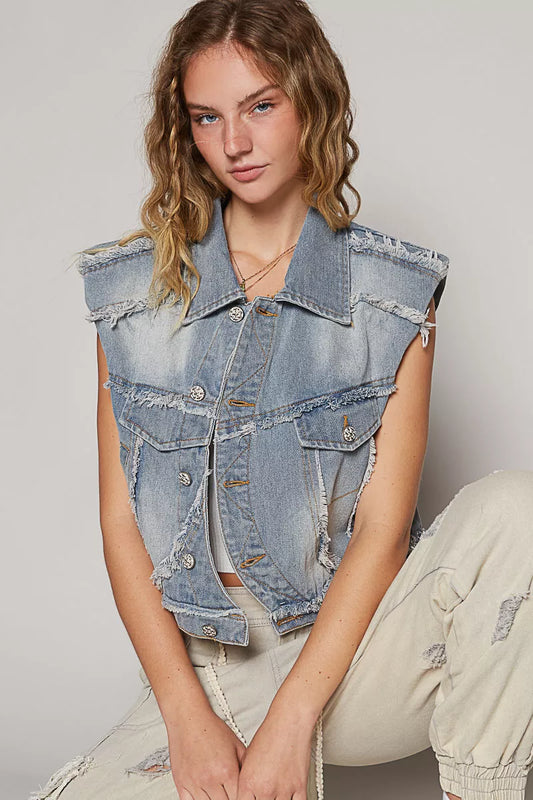 POL Assymetrical Front Closure Raw Hem Denim Vest - Sleekdenim.com