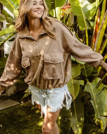 BiBi Half Zip Vintage Washed Fleece Pullover - Sleekdenim.com