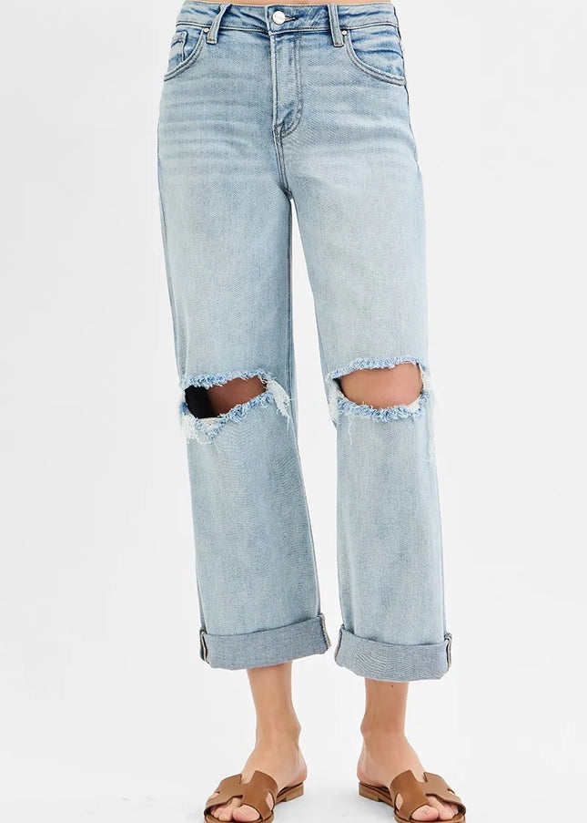 RISEN Full Size Mid Rise Fit Boyfriend Jeans with Cuff Plus Size - Sleekdenim.com