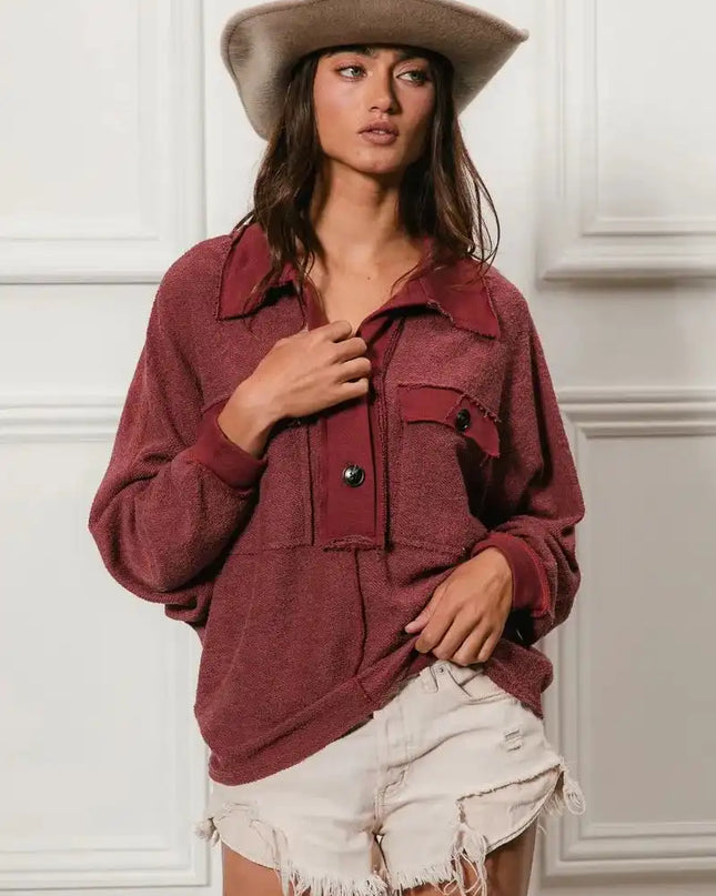 BiBi Cp French Terry Cut Edge Detail Collared Top - Sleekdenim.com