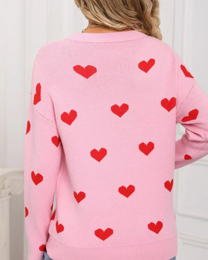 Valentine's Day Heart Pattern Dropped Shoulder Sweater - Sleekdenim.com