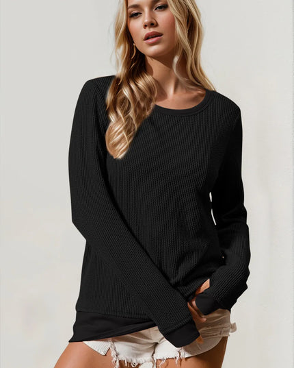 Double Take Corded Rib Thumbhole Cuff Round Neck T-Shirt - Sleekdenim.com
