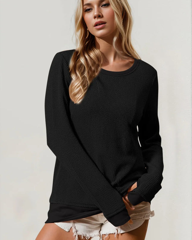 Double Take Corded Rib Thumbhole Cuff Round Neck T-Shirt - Sleekdenim.com