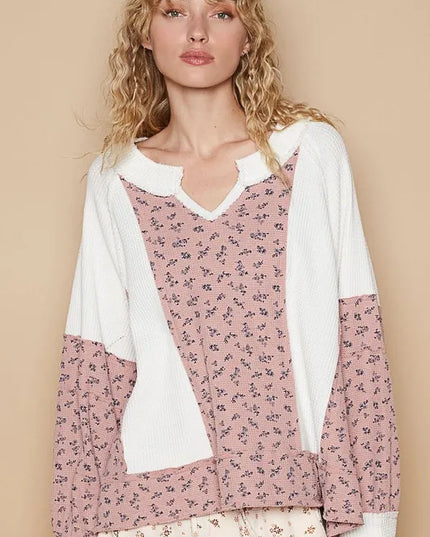 POL Waffle Knit Floral Notched Long Sleeve Top - Sleekdenim.com