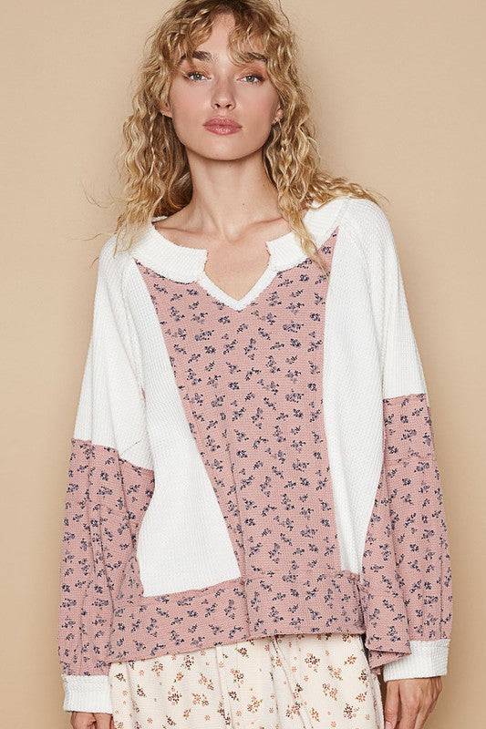 POL Waffle Knit Floral Notched Long Sleeve Top | Sleekdenim.com