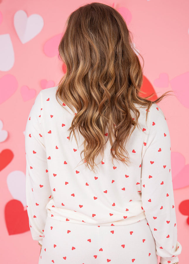 Fiery Red Heart Print Long Sleeve Pullover and Pants Set - Sleekdenim.com