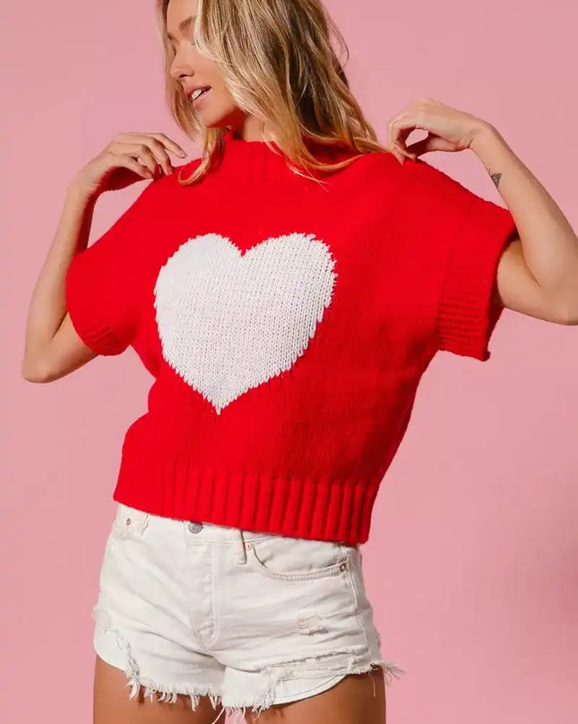 BiBi Rib Banded Heart Pattern Valentines Sweater - Sleekdenim.com