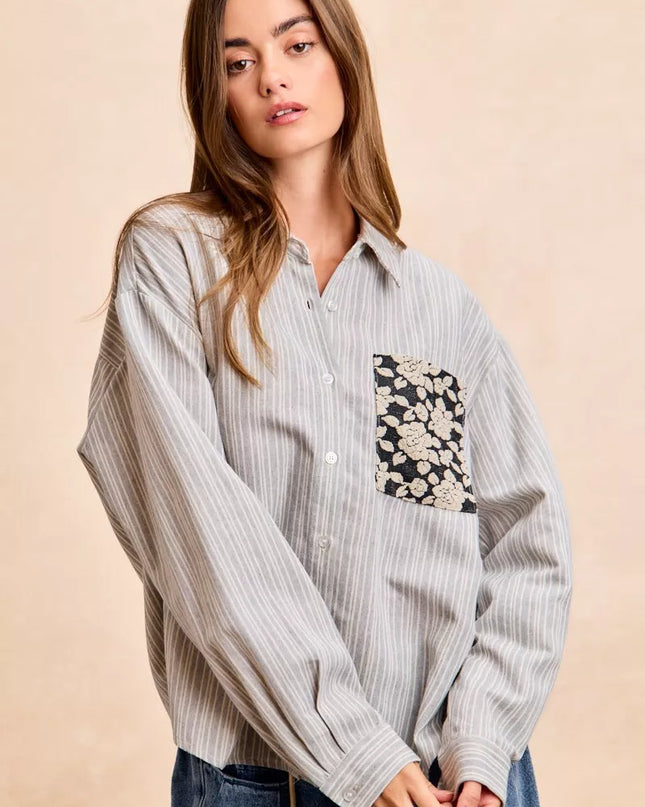 BiBi Flower Jacquard Knit Patch Pocket Stripe Shirt - Sleekdenim.com