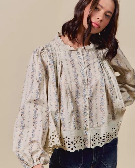 SO ME Floral Print Lace Button Down Shirt - Sleekdenim.com