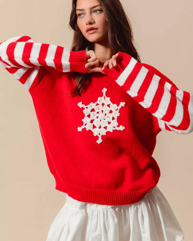 SO ME Christmas Snowflake Crochet Embellished Sweater - Sleekdenim.com