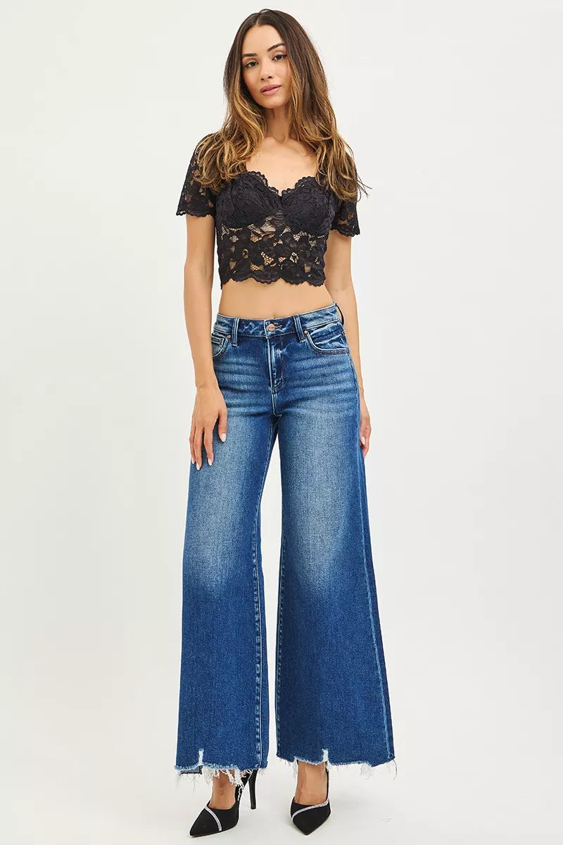 RISEN High Rise Wide Leg Jeans with Distressed Hem - Sleekdenim.com