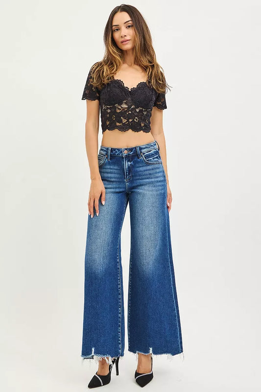 RISEN High Rise Wide Leg Jeans with Distressed Hem - Sleekdenim.com