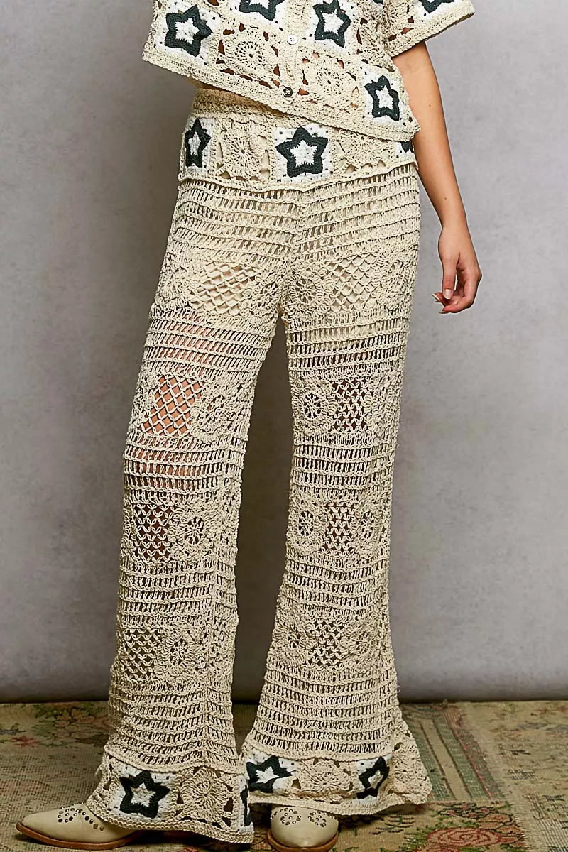 POL Openwork Crochet Flare Pants with Contrast Star