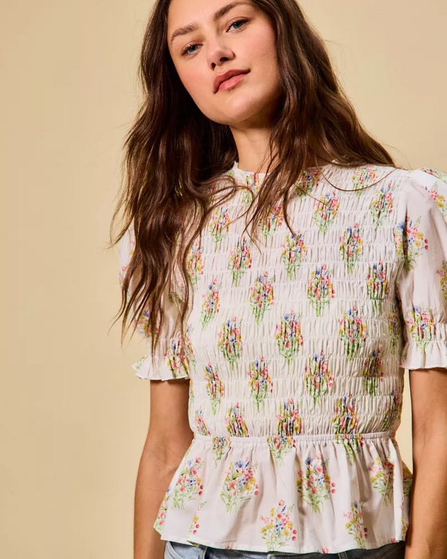 SO ME Floral Cotton Smocked Short Sleeves Blouse - Sleekdenim.com