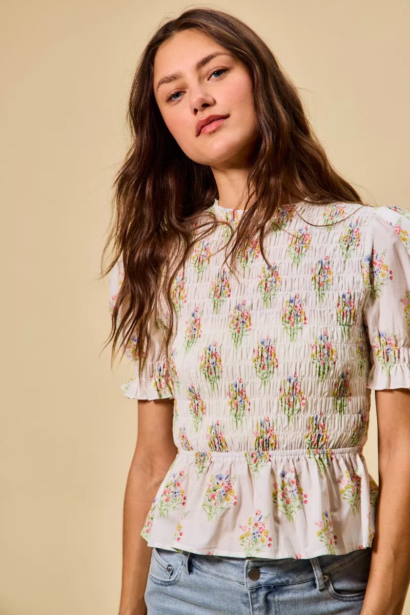 SO ME Floral Cotton Smocked Short Sleeves Blouse - Sleekdenim.com
