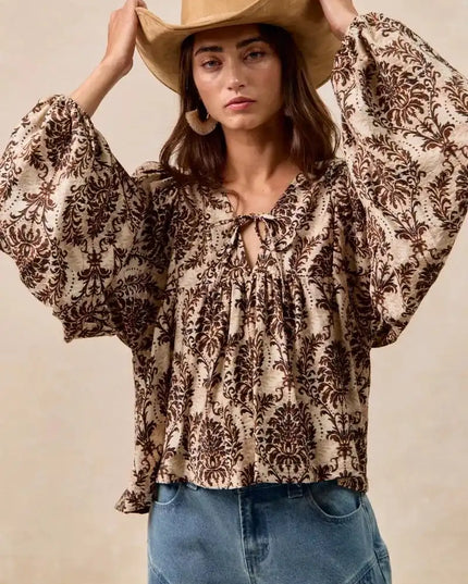 BiBi Printed Woven Front Tied Blouse with Baloon Sleeve - Sleekdenim.com