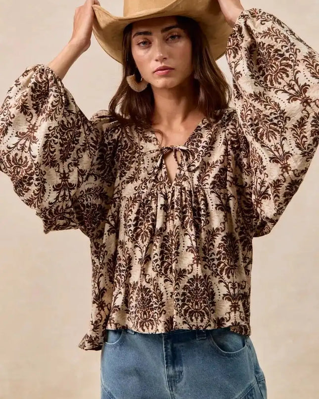 BiBi Printed Woven Front Tied Blouse with Baloon Sleeve - Sleekdenim.com