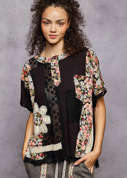 POL Lace Round Neck Short Sleeve Floral Pattern Top with Patch Detail - Sleekdenim.com