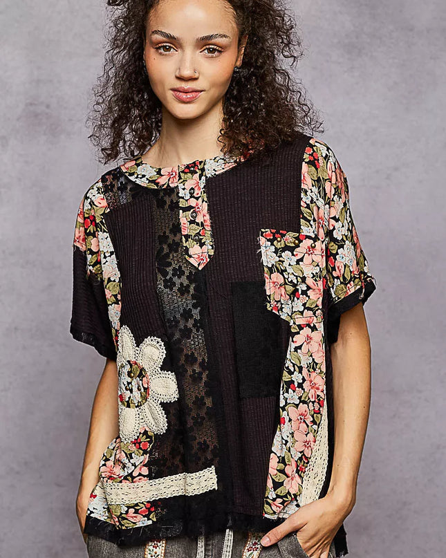 POL Lace Round Neck Short Sleeve Floral Pattern Top with Patch Detail - Sleekdenim.com