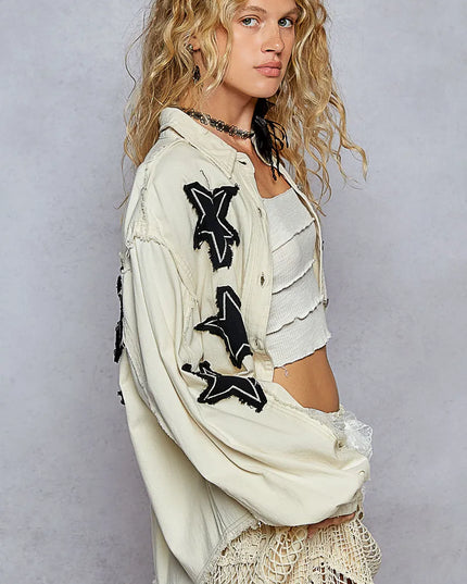 POL Star Patch Raw Hem Button Up Denim Jacket - Sleekdenim.com