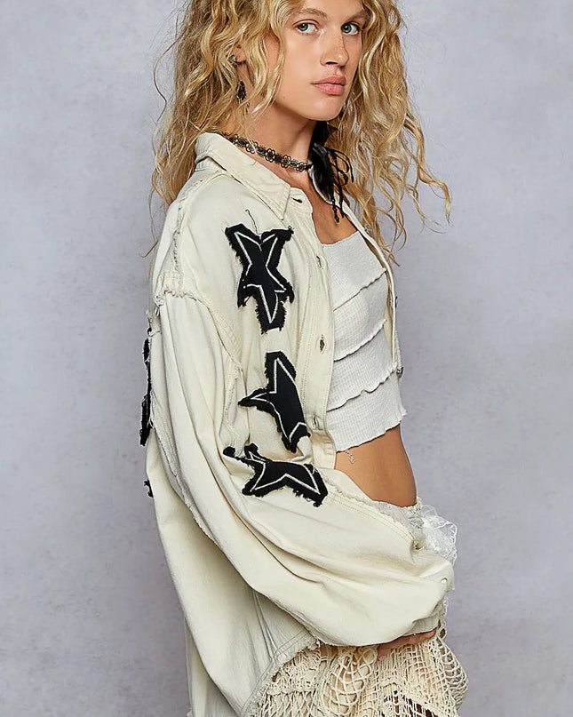 POL Star Patch Raw Hem Button Up Denim Jacket - Sleekdenim.com