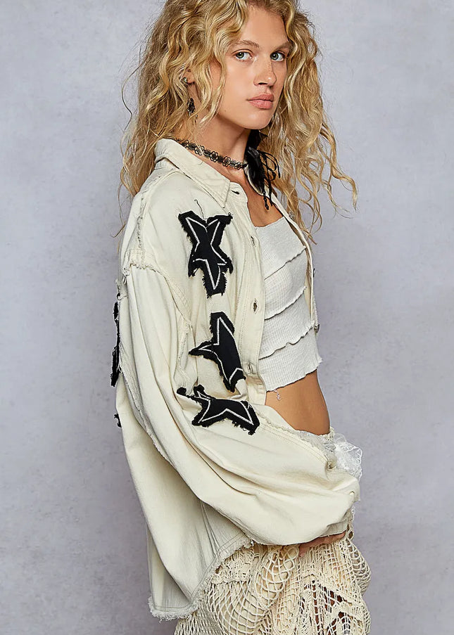 POL Star Patch Raw Hem Button Up Denim Jacket - Sleekdenim.com