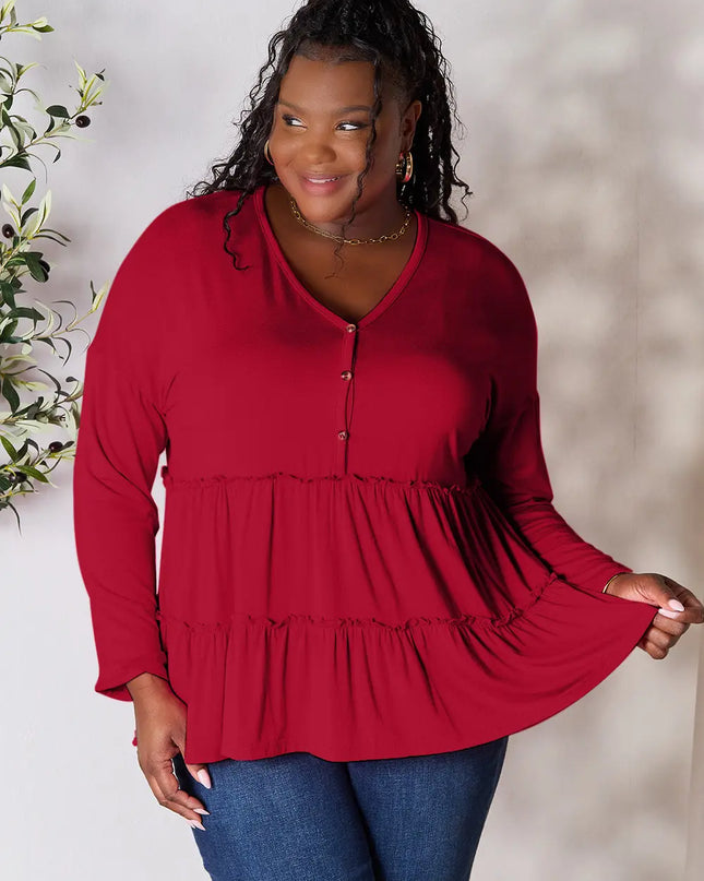 Double Take Half Button Long Sleeve Ruffle Hem Blouse - Sleekdenim.com