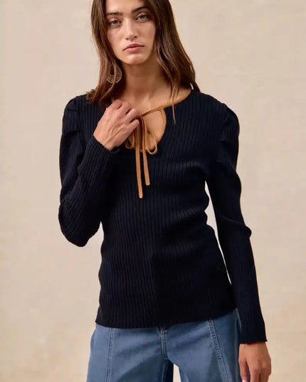 BiBi Ribbed Contrast Front Tied Top with Shrried - Sleekdenim.com