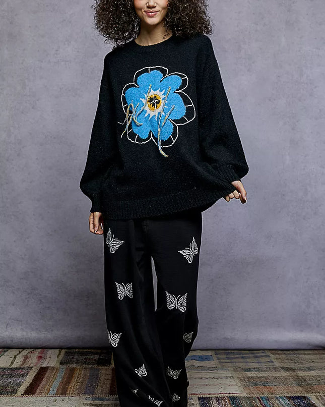 POL Floral Pattern Round Neck Sweater with Exposed Stitching - Sleekdenim.com
