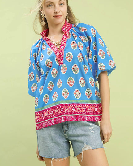 Umgee Boho Border Print Peasant Top - Sleekdenim.com