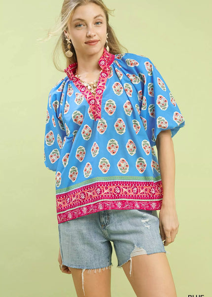Umgee Boho Border Print Peasant Top - Sleekdenim.com