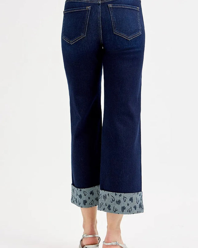 RISEN Full Size Mid Rise Fit Crop Wide With Printed Cuff Jeans Plus Size - Sleekdenim.com