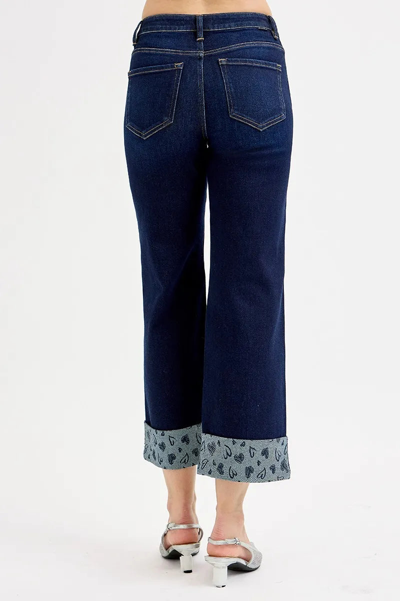RISEN Full Size Mid Rise Fit Crop Wide With Printed Cuff Jeans Plus Size - Sleekdenim.com