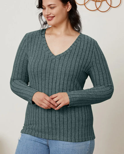 Basic Bae Full Size Ribbed V-Neck Long Sleeve T-Shirt - Sleekdenim.com