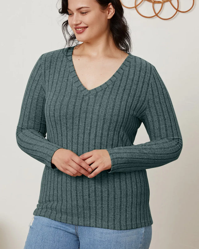Basic Bae Full Size Ribbed V-Neck Long Sleeve T-Shirt - Sleekdenim.com