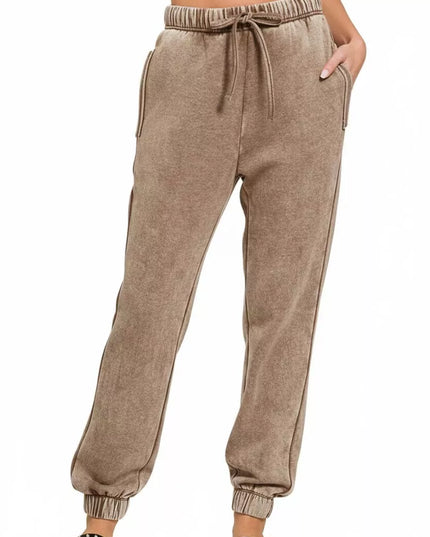 Zenana Acid Wash Fleece Sweatpants with Pockets - Sleekdenim.com