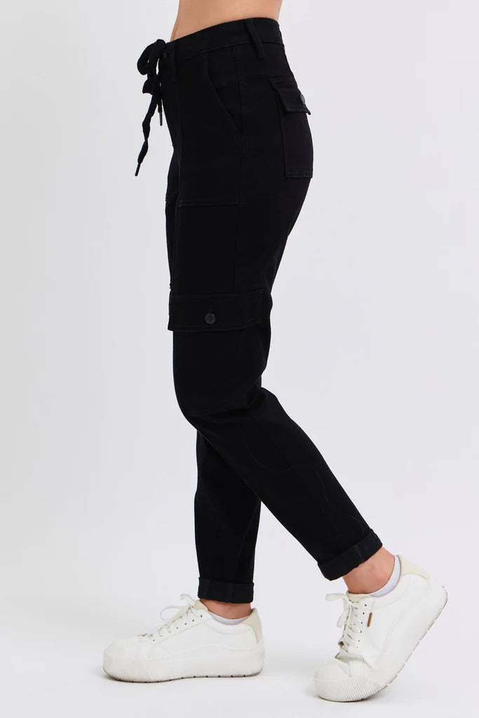 Judy Blue High Waist Cargo Cuff Black Jogger Denim Jeans 88910– sleekdenim.com | Sleekdenim.com