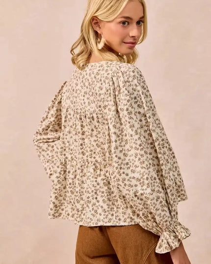 BiBi Floral Printed Peplum Blouse with Shirring and Tied - Sleekdenim.com