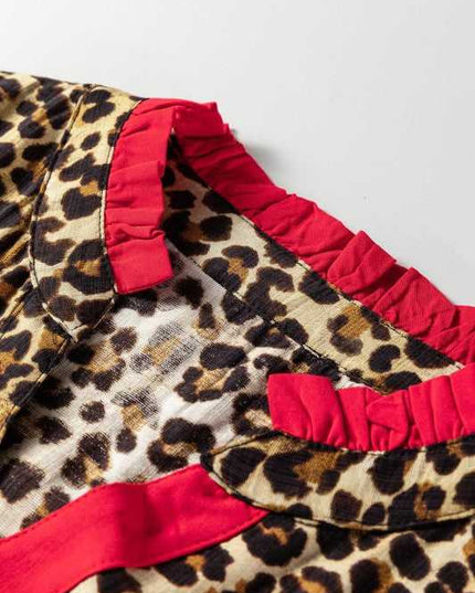 Leopard Contrast Ruffle Trim Buttoned V-Neck Shirt - Sleekdenim.com