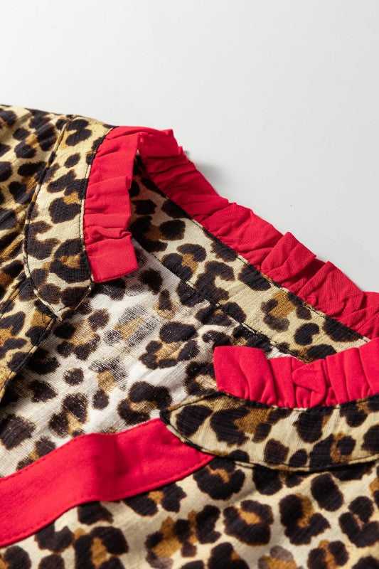 Leopard Contrast Ruffle Trim Buttoned V-Neck Shirt - Sleekdenim.com