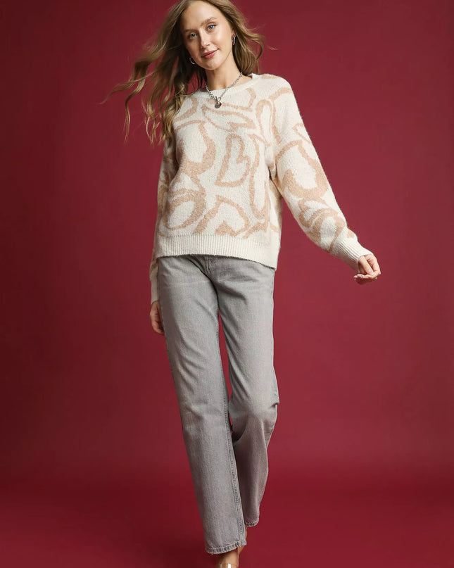 Umgee Heart Print Crew Neck Sweater - Sleekdenim.com
