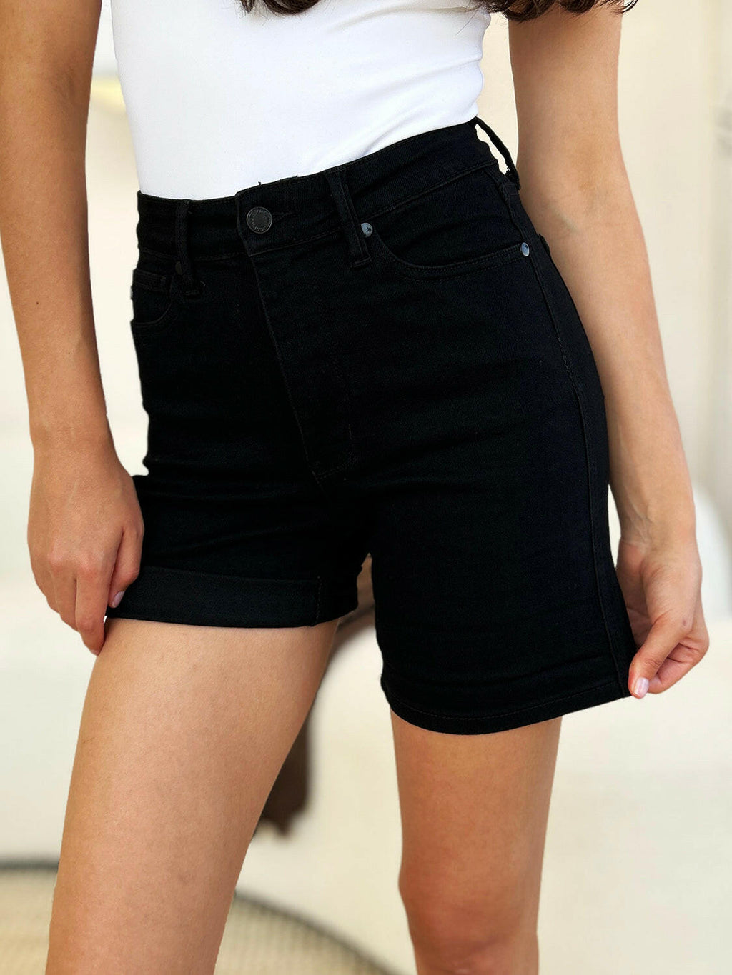 Judy Blue Full Size High Waist Tummy Control Cuffed Denim Shorts.