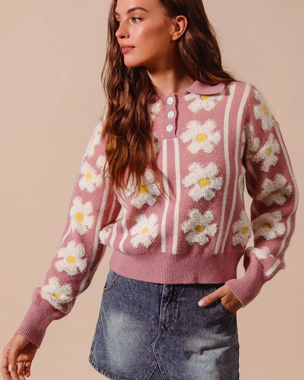 SO ME Floral Stripe Polo Collar Sweater - Sleekdenim.com