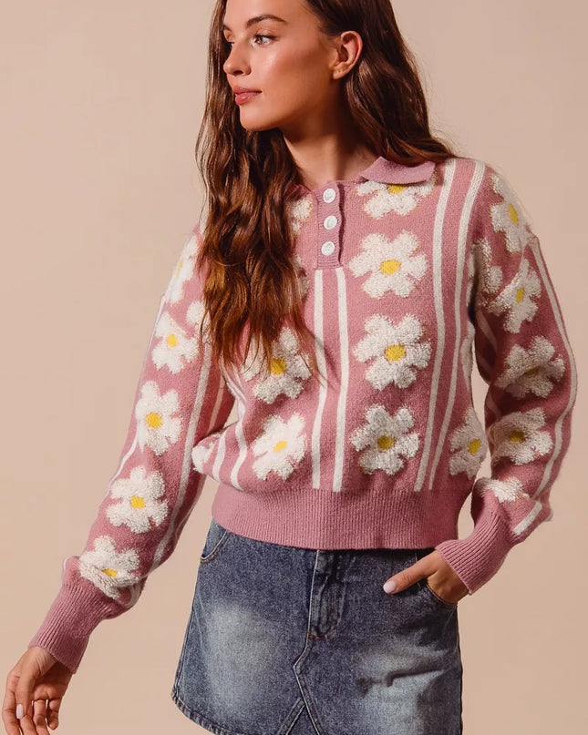 SO ME Floral Stripe Polo Collar Sweater - Sleekdenim.com