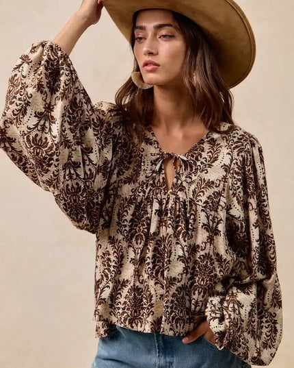 BiBi Printed Woven Front Tied Blouse with Baloon Sleeve - Sleekdenim.com