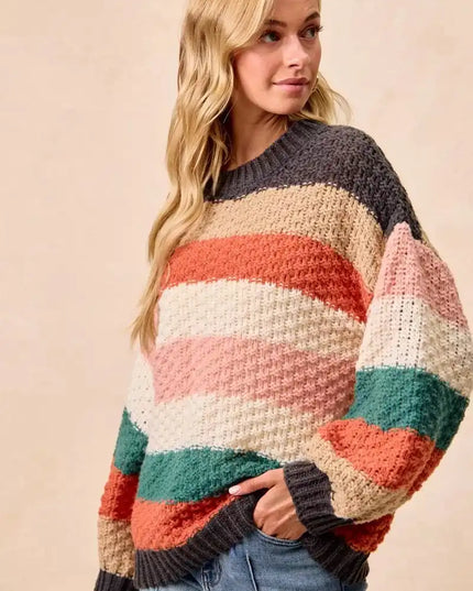 BiBi Stripes Color Block Chunky Sweater - Sleekdenim.com