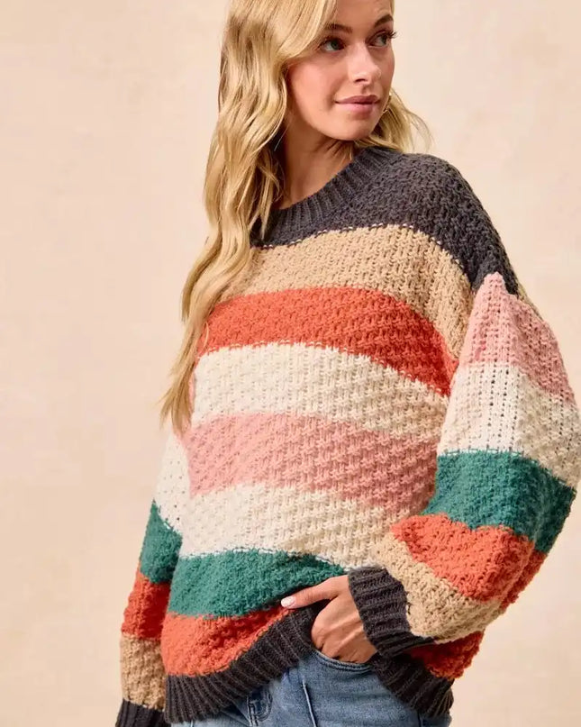BiBi Stripes Color Block Chunky Sweater - Sleekdenim.com