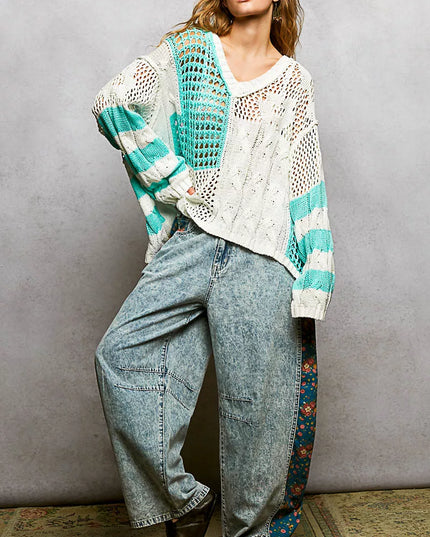 POL Color-Blocked Stripe Pattern Knit Top with Twisted Weave - Sleekdenim.com