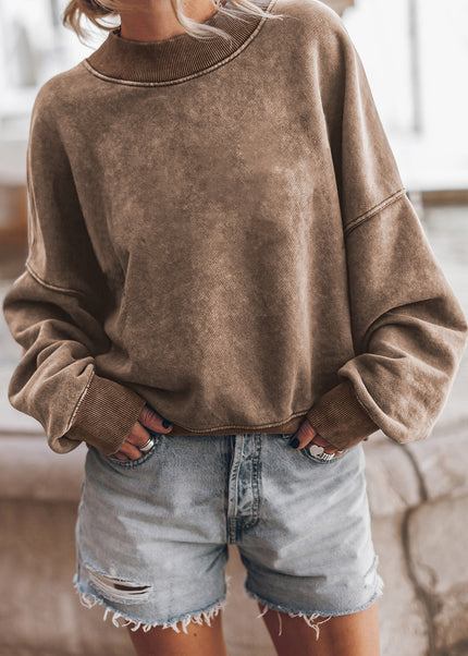 Brown Plain Drop Shoulder Crew Neck Pullover Sweatshirt - Sleekdenim.com